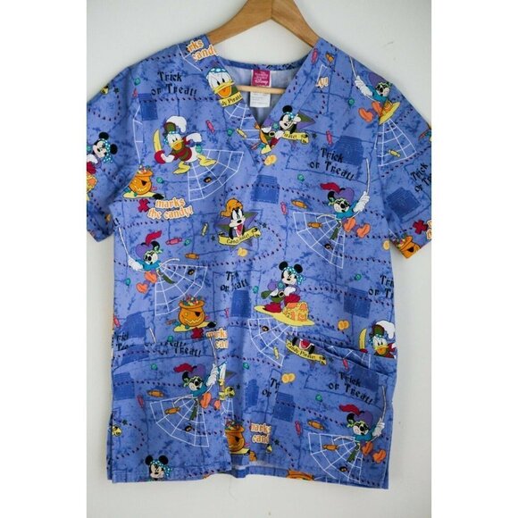 Disney Mickey Mouse Halloween Colourful Cartoon Print Scrub Top S - Picture 3 of 12